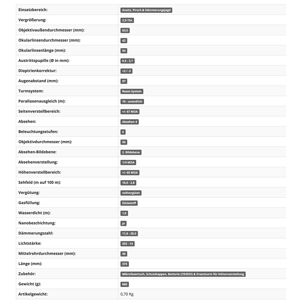 Technische Daten Zielfernrohr